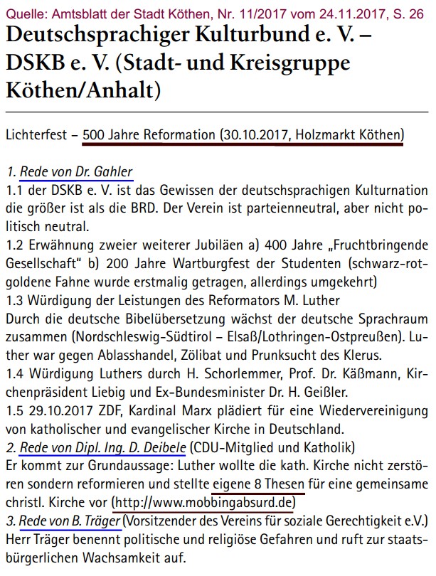 Demo in Kthen am 30.10.2017, 500 Jahre Reformation; Quelle: Amtsblatt der Stadt Kthen, Nr. 11/2017 vom 24.11.2017, S. 26